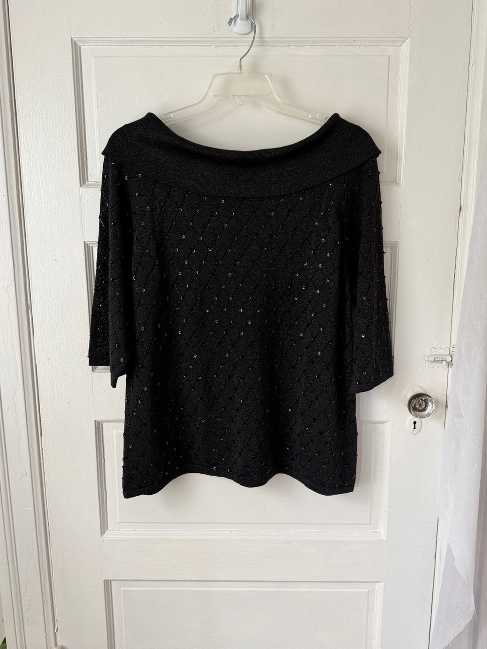 Victor Costa Occasion Black Off Shoulder Knit Sweater Sequin Embellished Shimmer